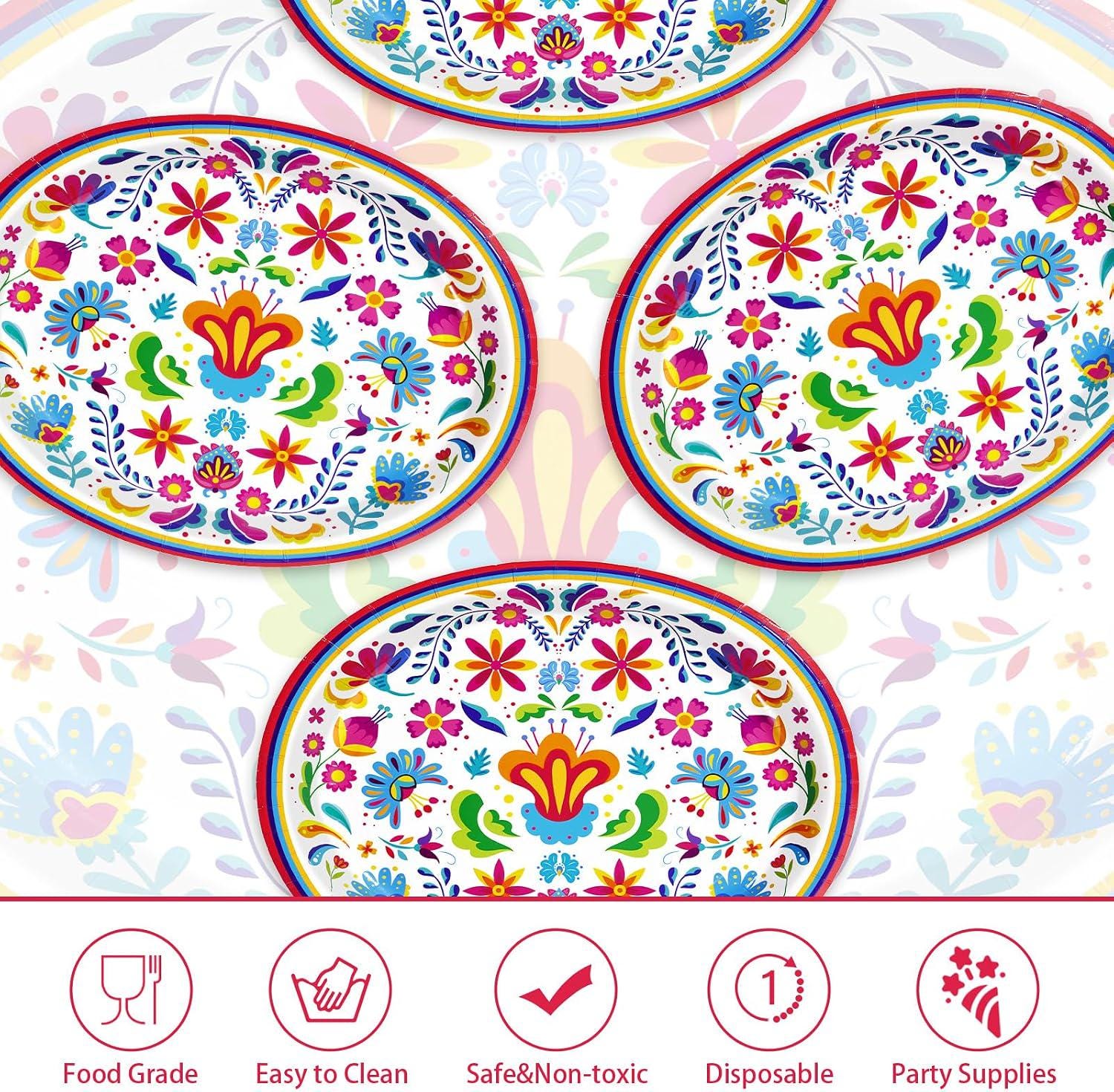 Mexican Fiesta Oval Paper Plates, 12x10 Inch Floral Dessert Platters (50PCS)