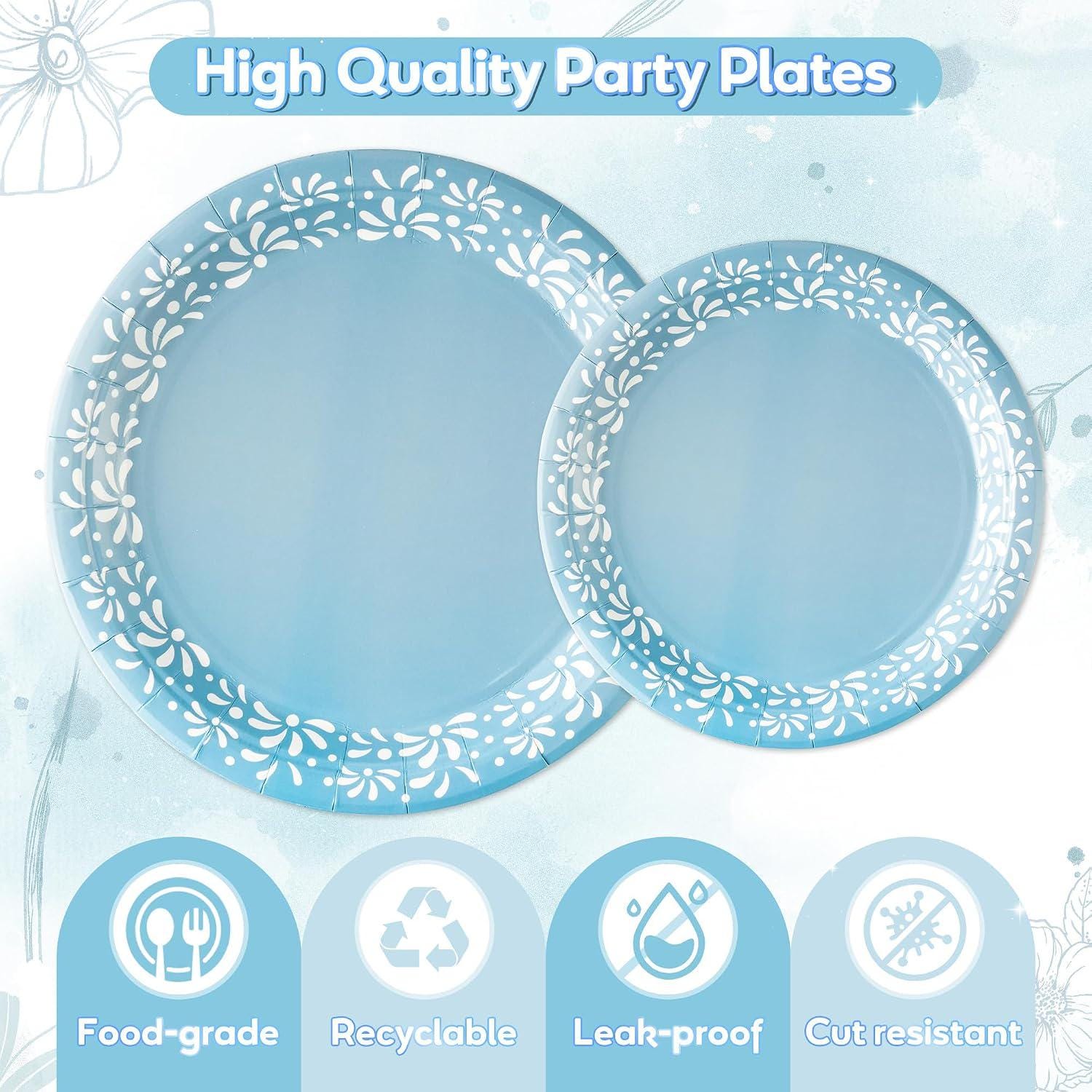 Blue Mexican Fiesta Tableware Set, Floral Pattern Plates, Napkins, Forks (24 Guests)