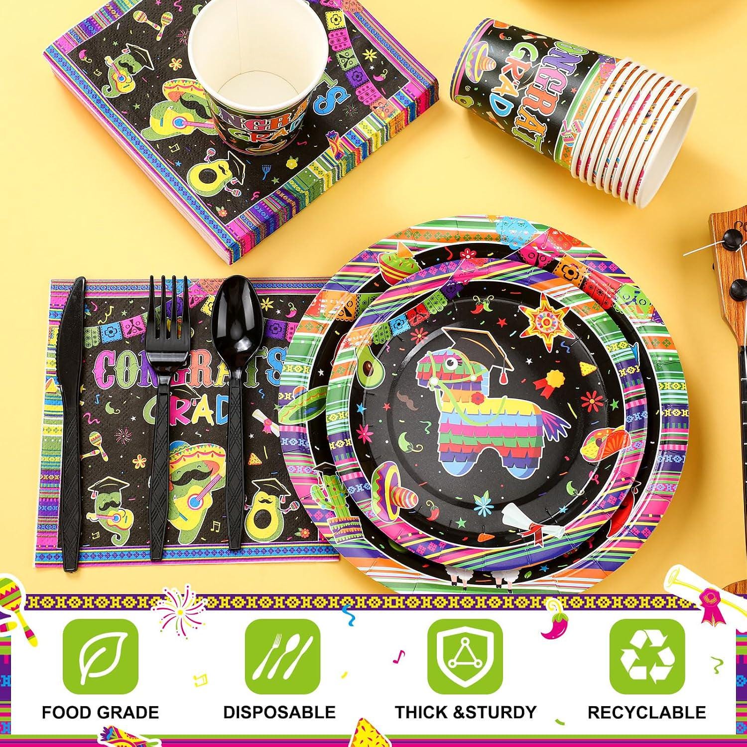 Mexican Graduation Fiesta Tableware Set, 252 Pieces for 36 Guests (Plates, Cups, Napkins, Cutlery)
