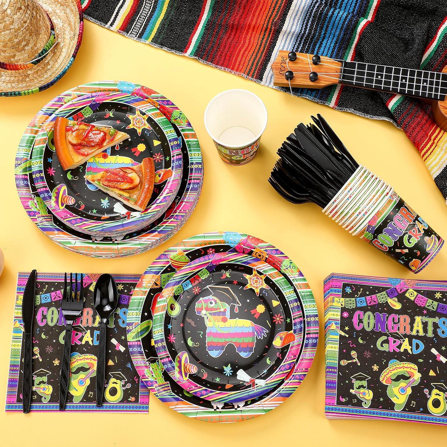 Mexican Graduation Fiesta Tableware Set, 252 Pieces for 36 Guests (Plates, Cups, Napkins, Cutlery)