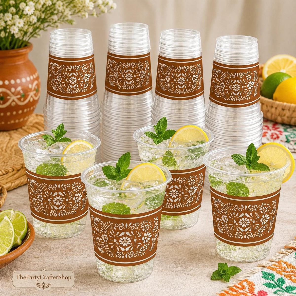 Mexican Fiesta Party Cups, Floral Design, 12oz Clear Plastic (50 Pack)