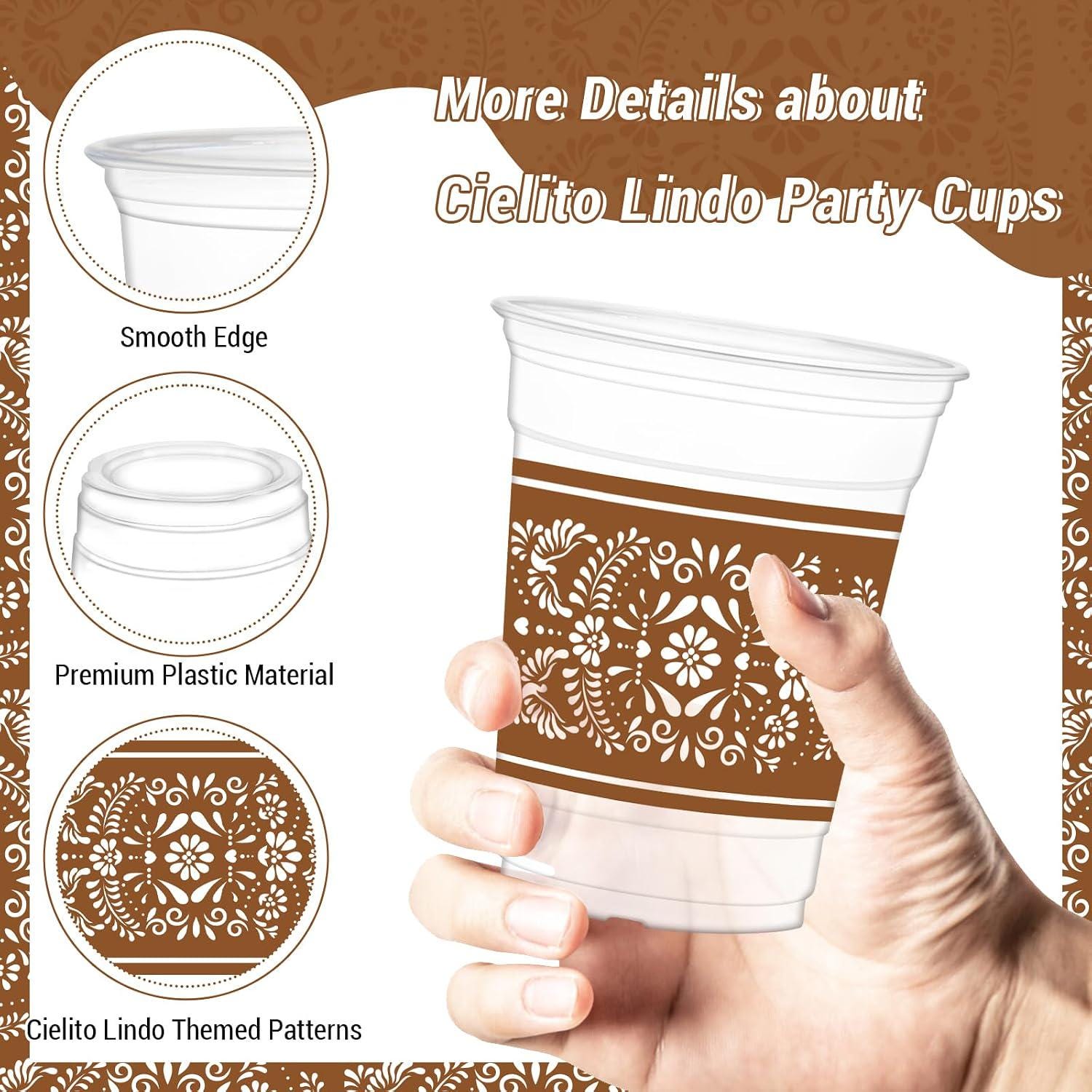 Mexican Fiesta Party Cups, Floral Design, 12oz Clear Plastic (50 Pack)