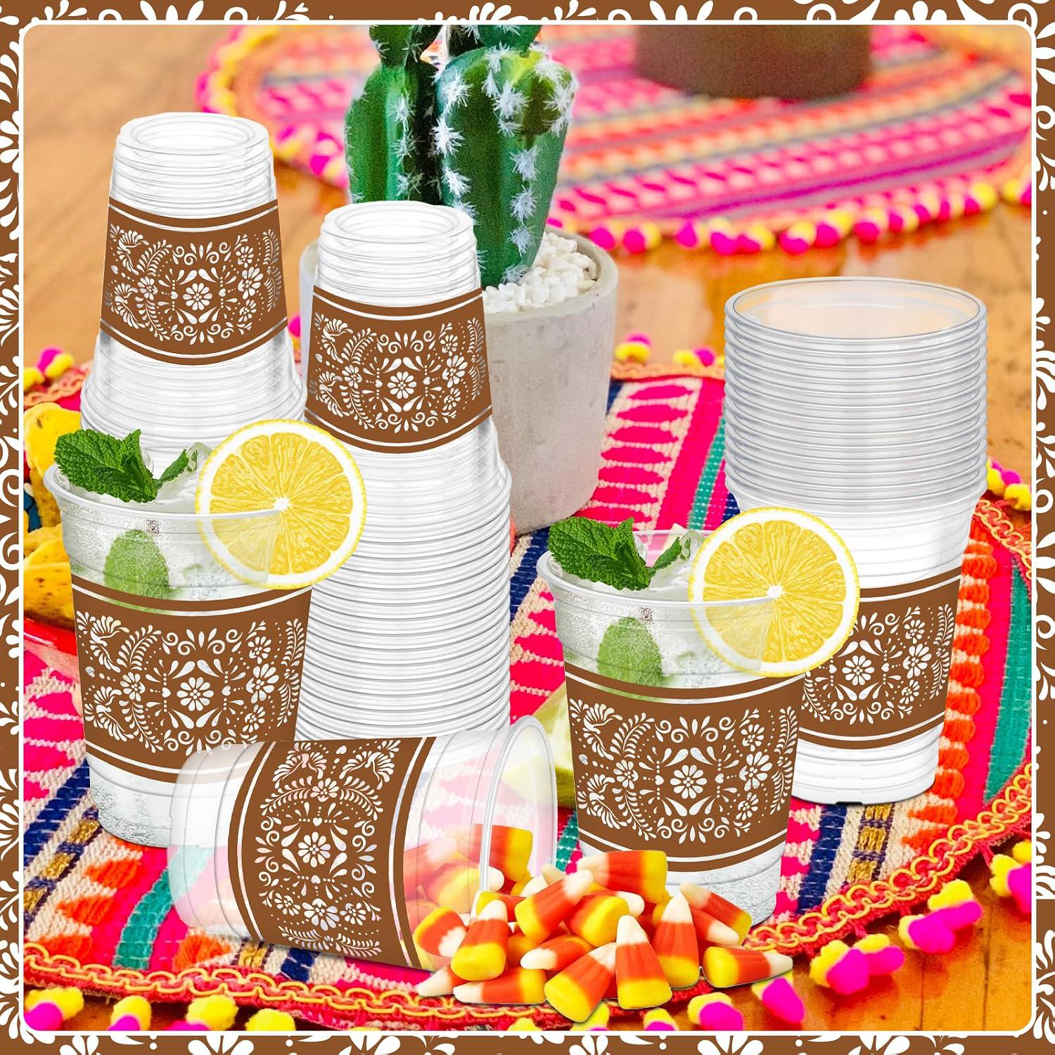 Mexican Fiesta Party Cups, Floral Design, 12oz Clear Plastic (50 Pack)