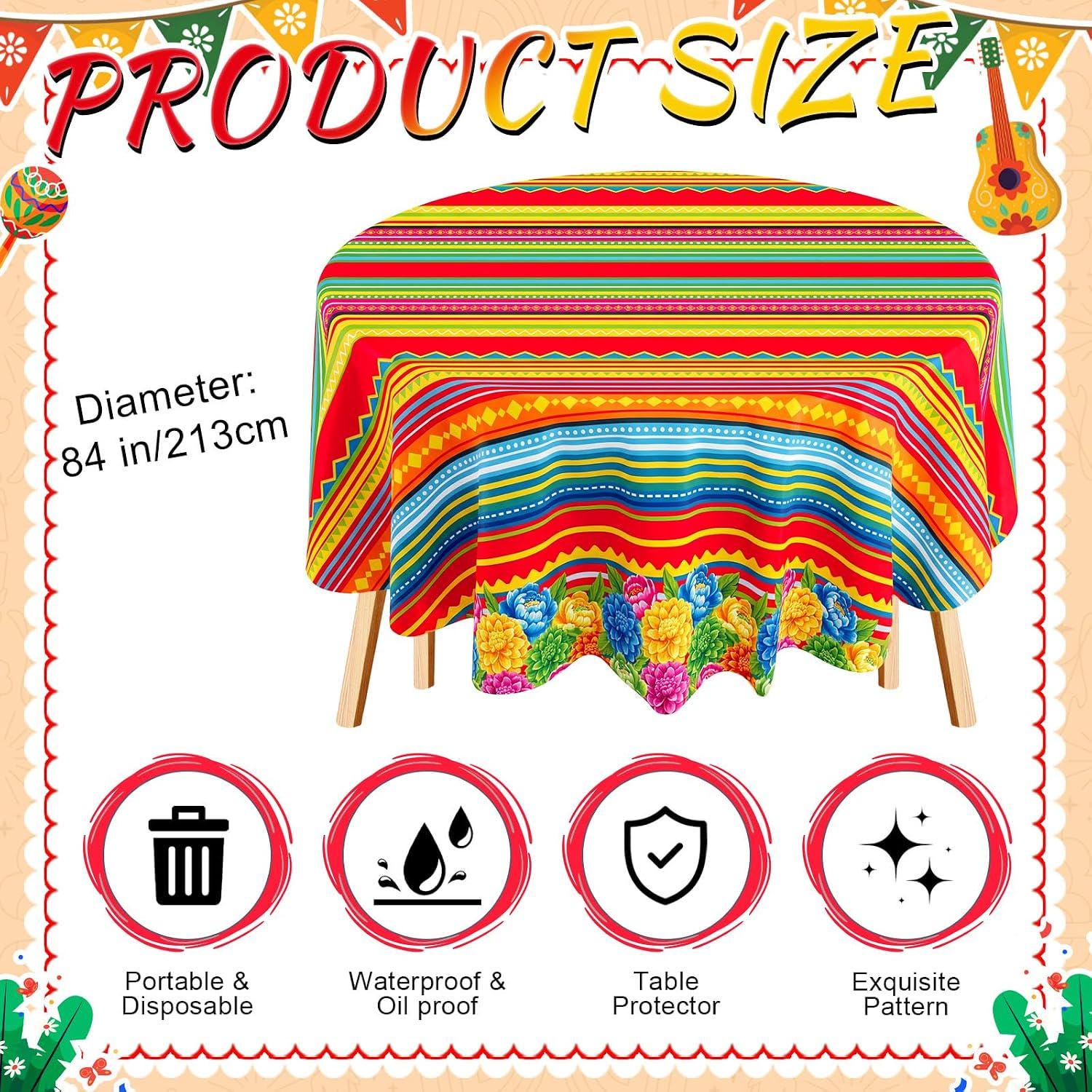Mexican Floral Serape Tablecloth Set, 84 Inch Round Plastic Covers (3PCS)
