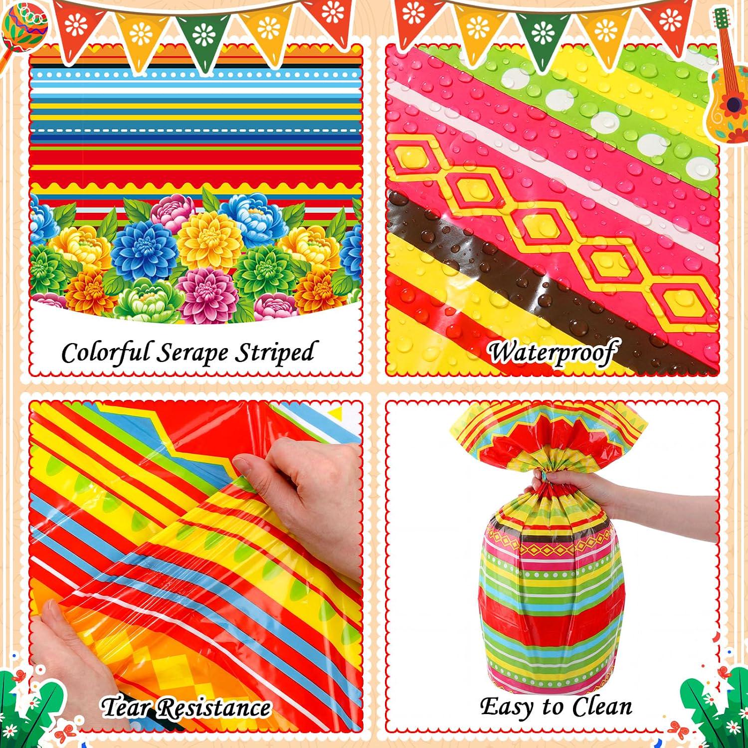 Mexican Floral Serape Tablecloth Set, 84 Inch Round Plastic Covers (3PCS)
