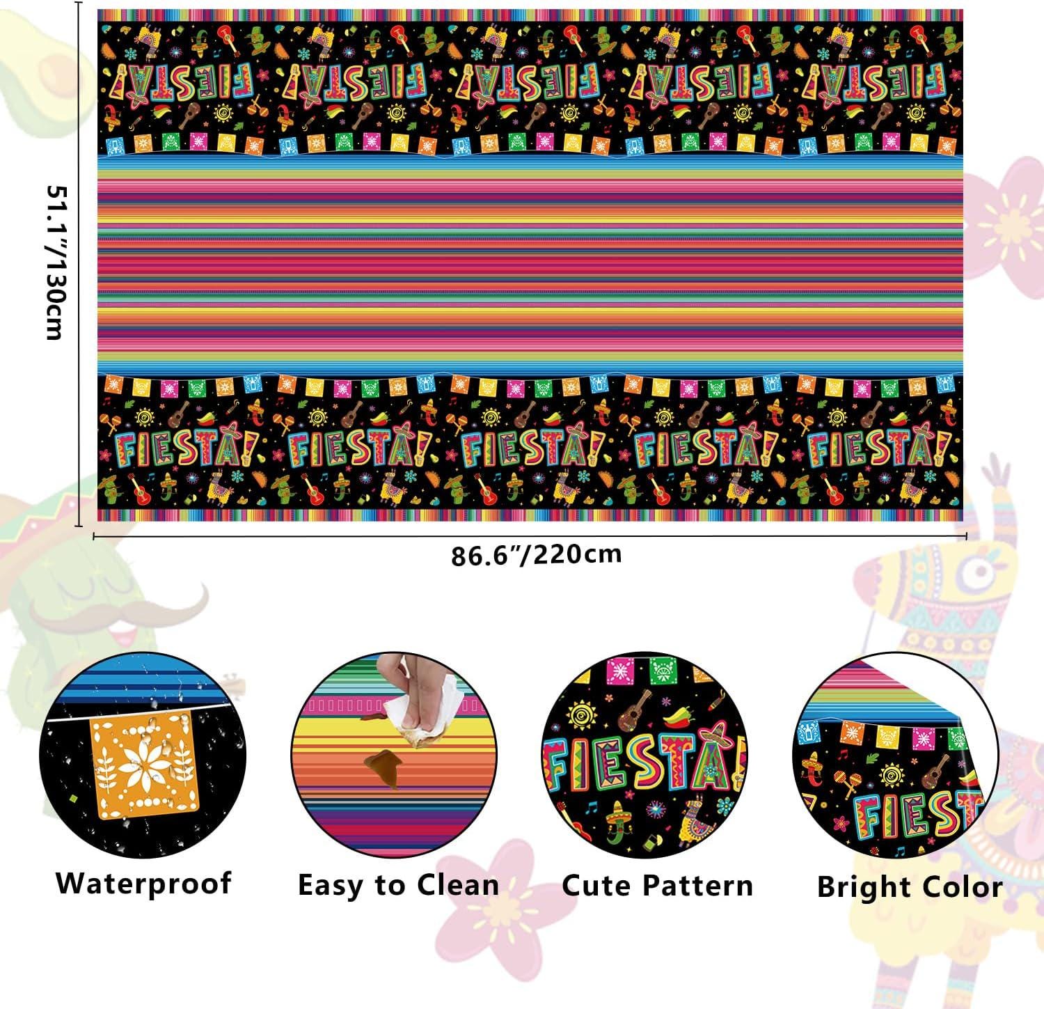 Mexican Fiesta Tablecloth Set, 4-Pack Taco Party Decor (86x51 Inch)