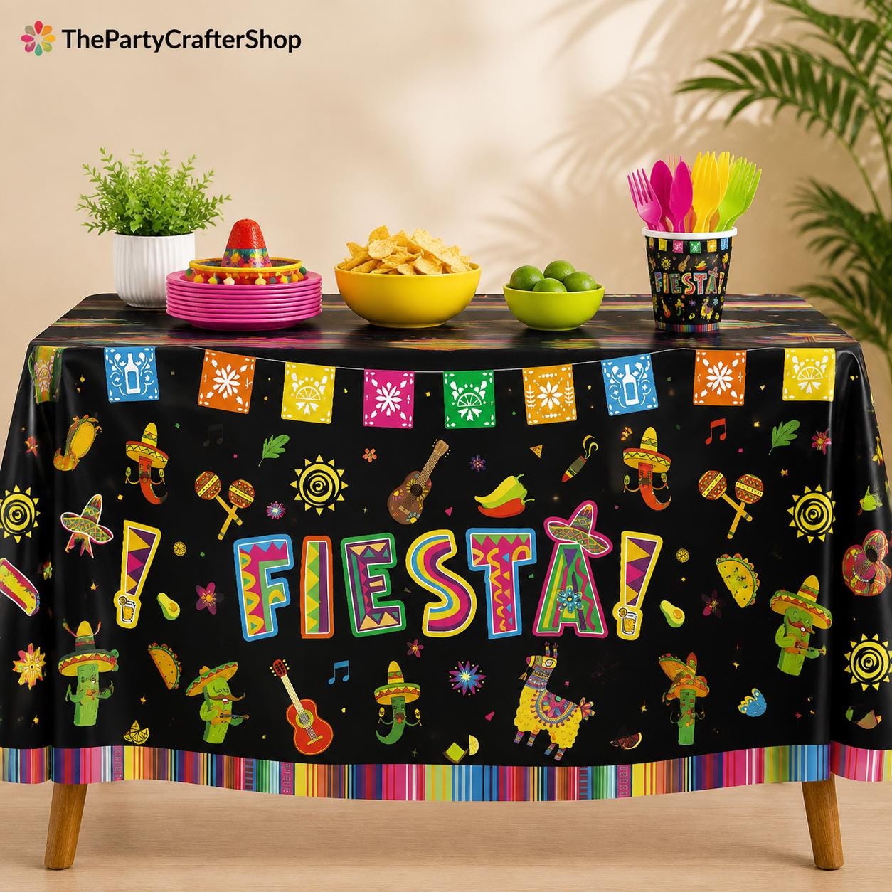 Mexican Fiesta Tablecloth Set, 4-Pack Taco Party Decor (86x51 Inch)