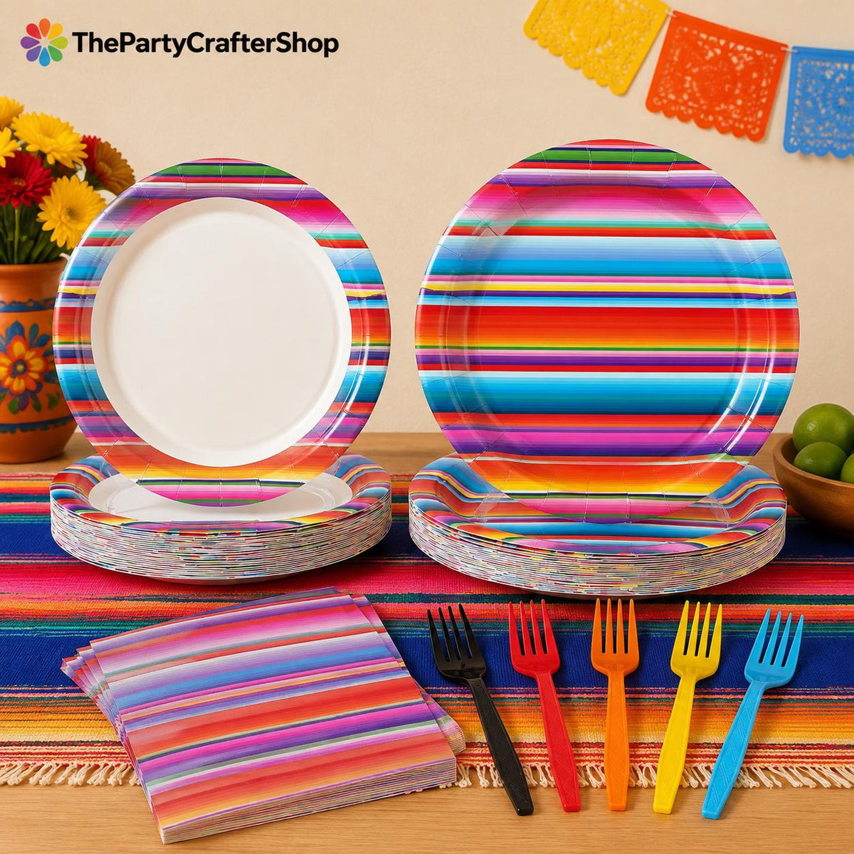 Mexican Fiesta Tableware Set, Serape Stripe Plates, Napkins, Forks (96 Pieces)