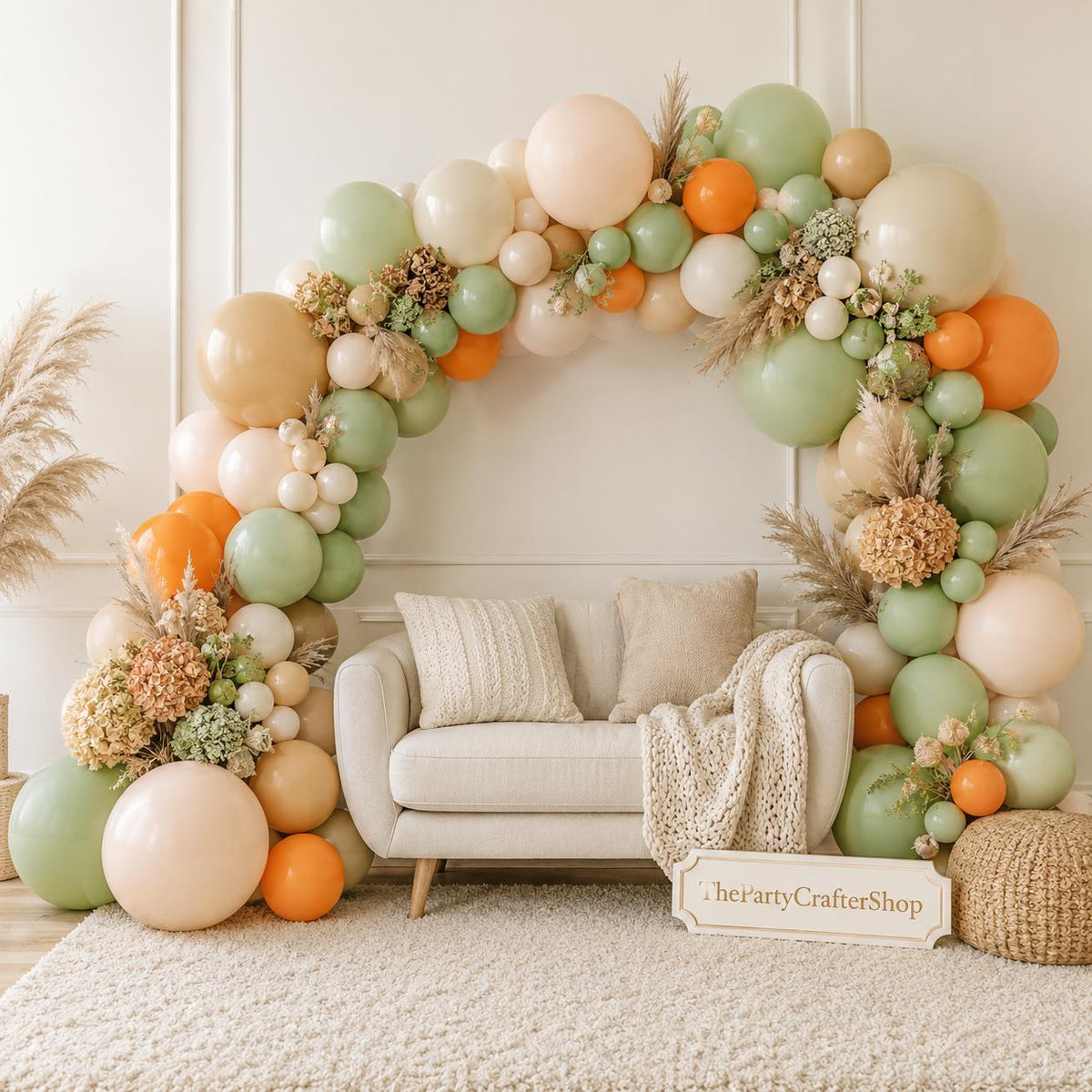 Dusty Green Orange Balloon Garland Arch, Neutral Earthy Tones Party Decor