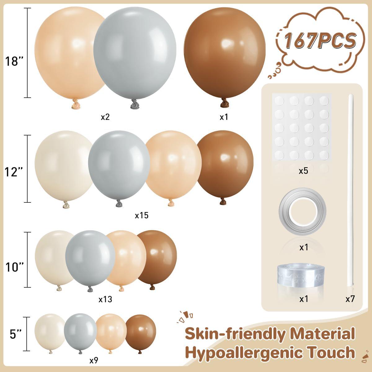 Boho Brown White Balloon Garland Kit 167PCS, Cocoa Dusty Gray Nude Sand Balloons, Neutral Baby Shower Birthday Wedding Party Decor