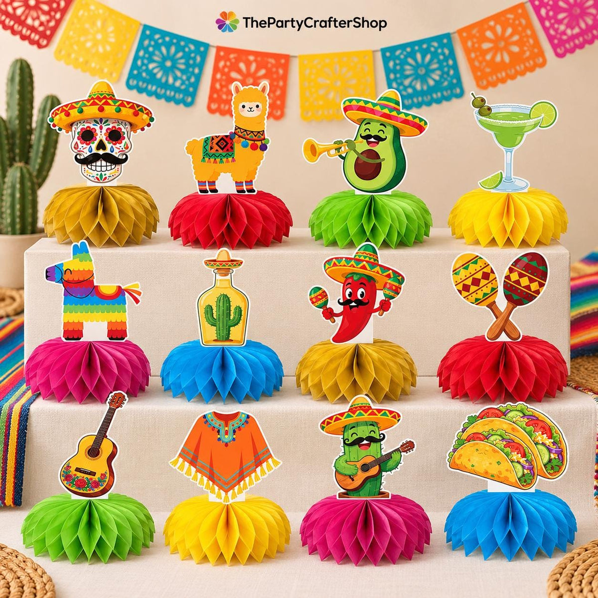 Mexican Fiesta Honeycomb Centerpieces 12PCS, 8 Inch Taco Party Table Decor, Birthday Independence Day Decorations