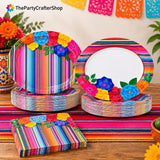 Mexican Fiesta Oval Paper Plates, Floral Stripe, Heavy Duty (50 Count)