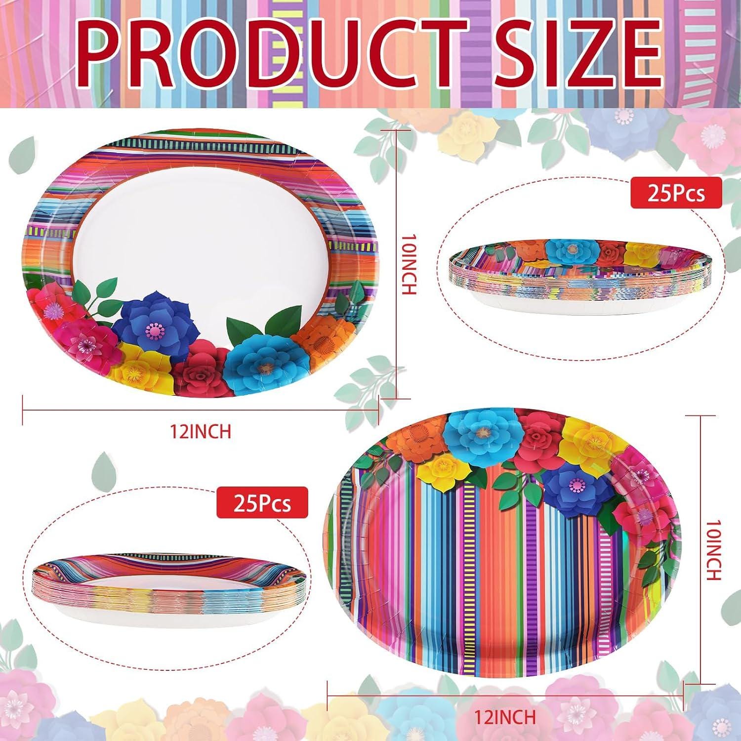 Mexican Fiesta Oval Paper Plates, Floral Stripe, Heavy Duty (50 Count)
