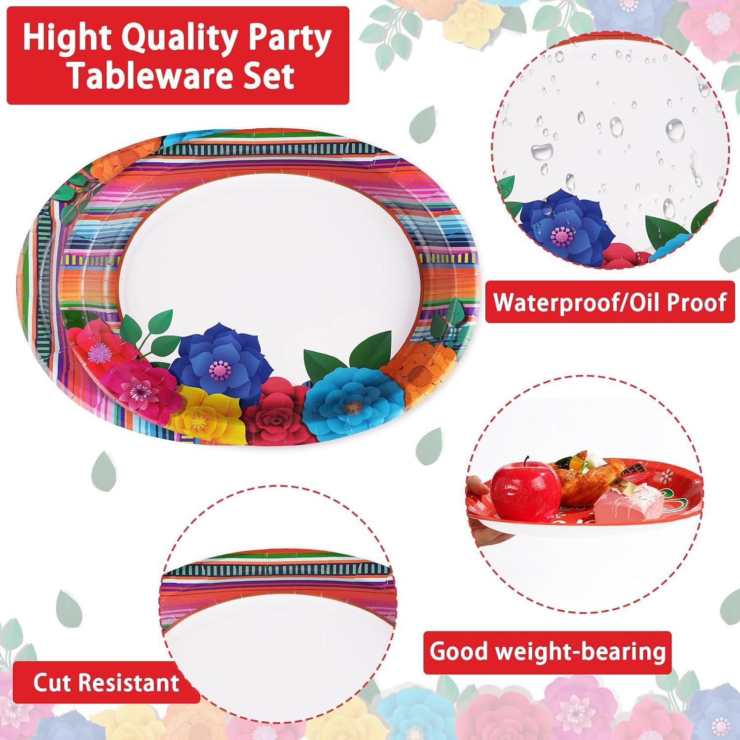 Mexican Fiesta Oval Paper Plates, Floral Stripe, Heavy Duty (50 Count)