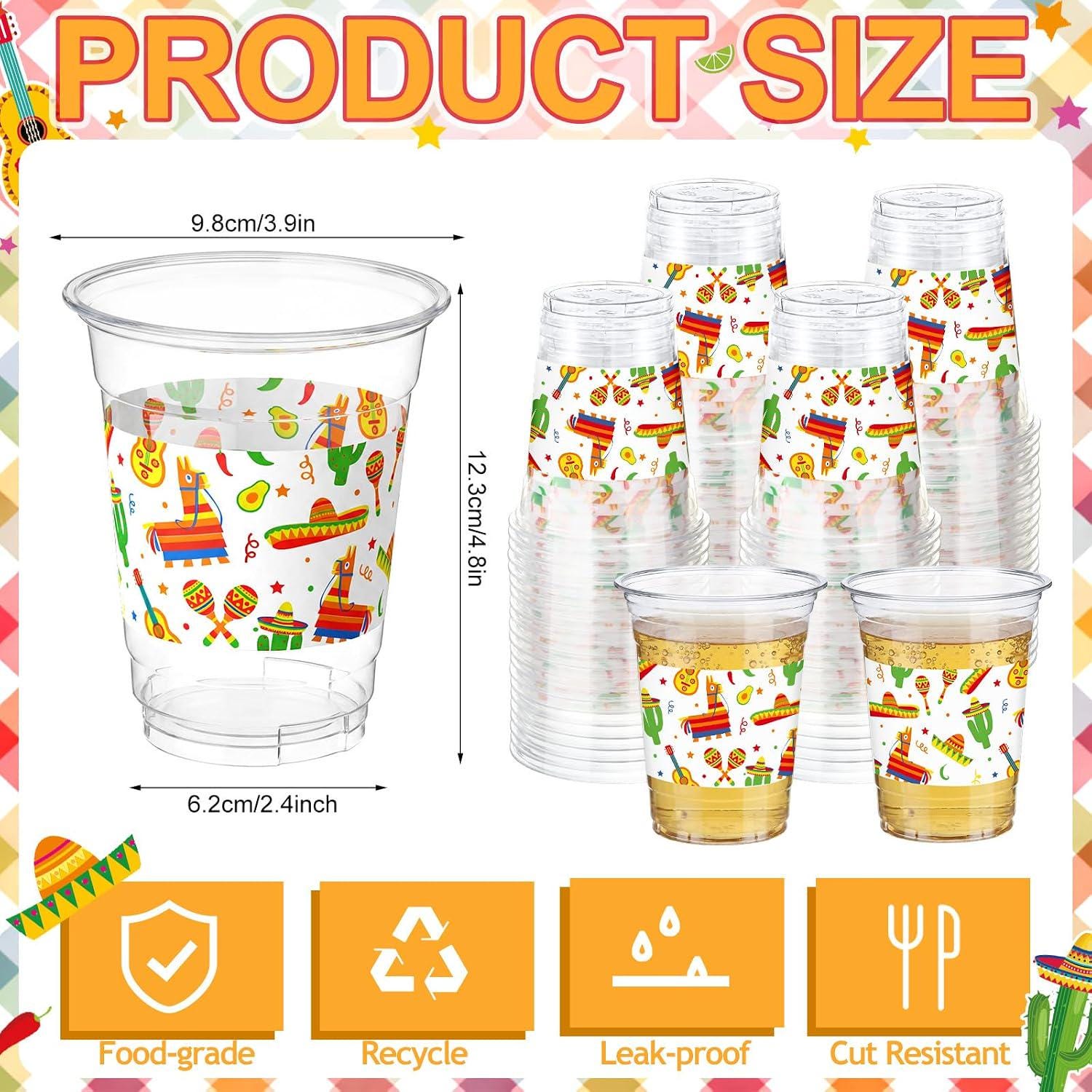 Mexican Fiesta Plastic Cups, 12oz Disposable Party Supplies (100pcs)