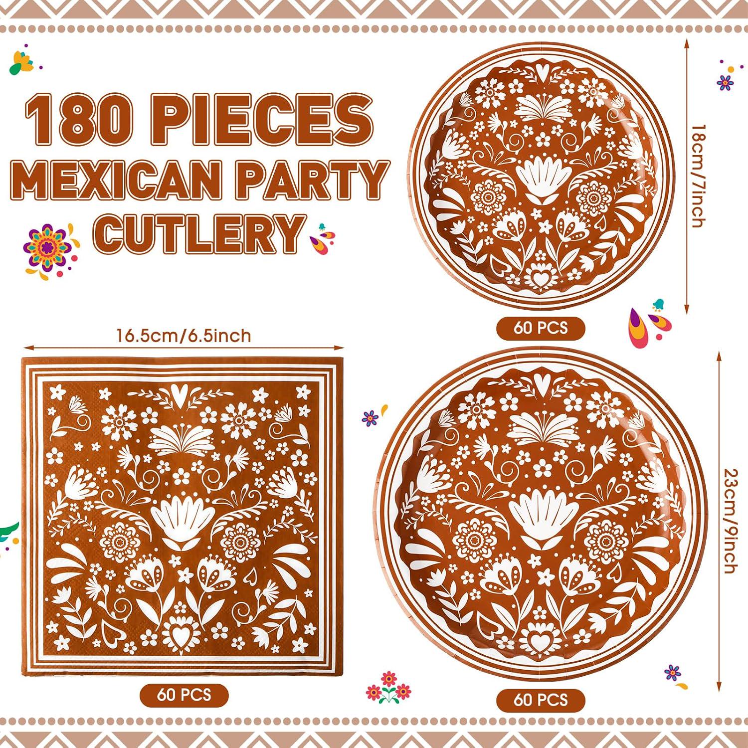 Mexican Platos de Barro Tableware Set, Brown Paper Plates Napkins (180PCS)
