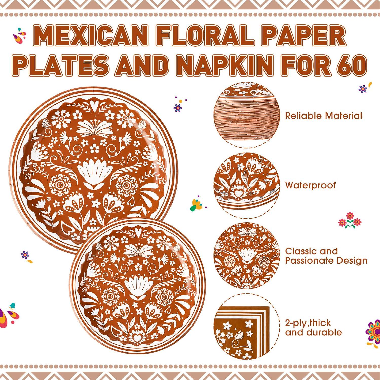 Mexican Platos de Barro Tableware Set, Brown Paper Plates Napkins (180PCS)