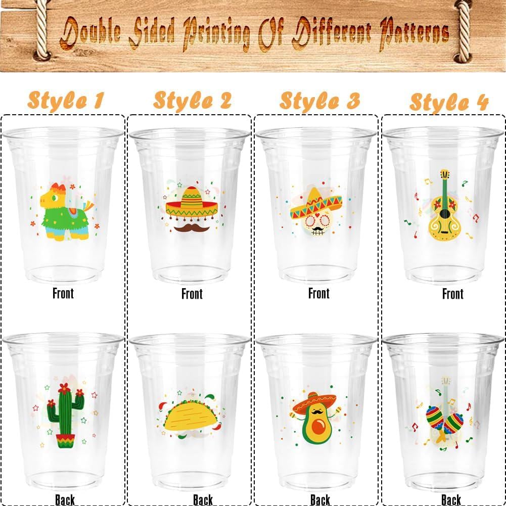 100 Mexican Fiesta Cups, 12oz Clear Party Drinkware (4 Styles)