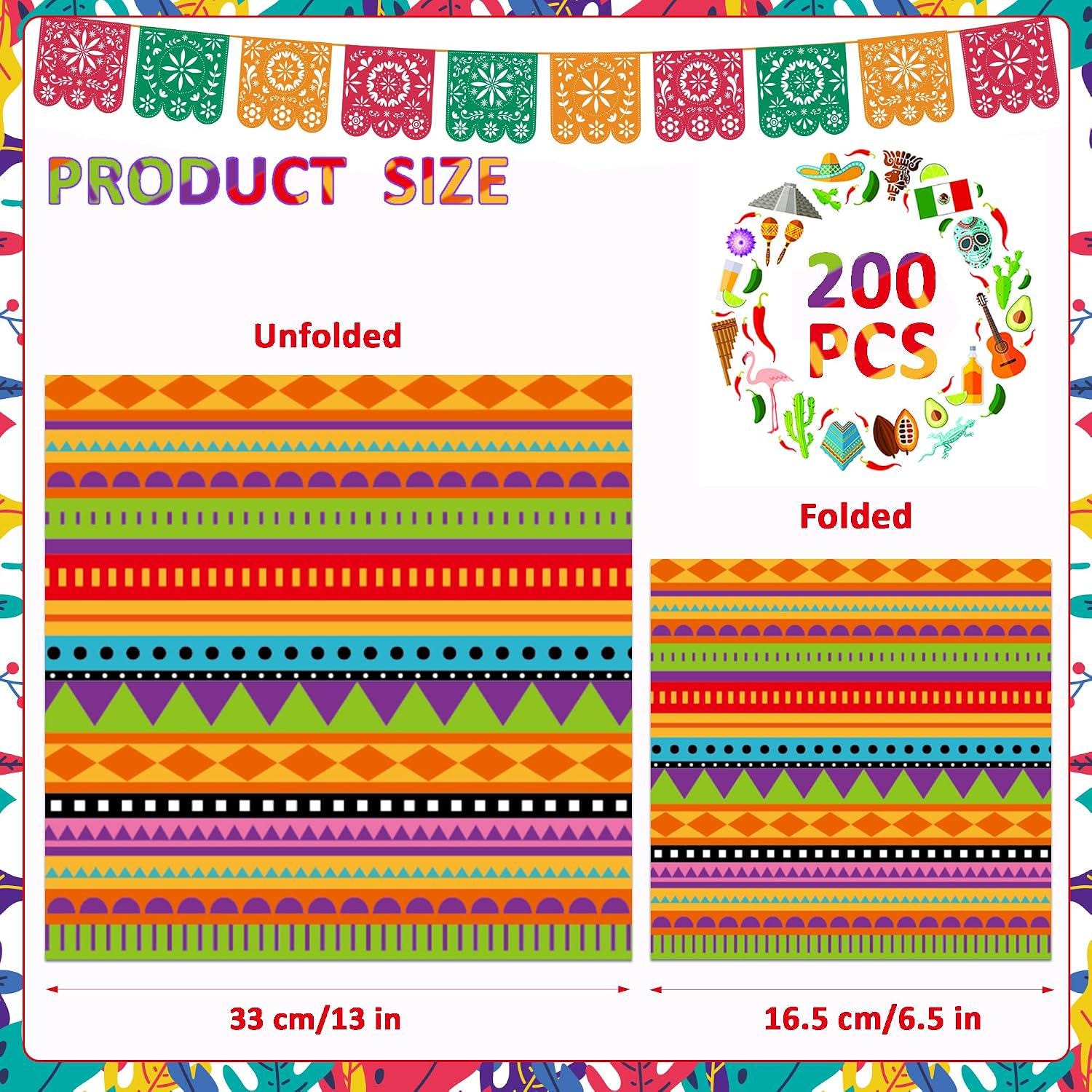 Mexican Fiesta Paper Napkins, 200 Count, Vibrant Geometric Patterns (6.5x6.5 Inch)