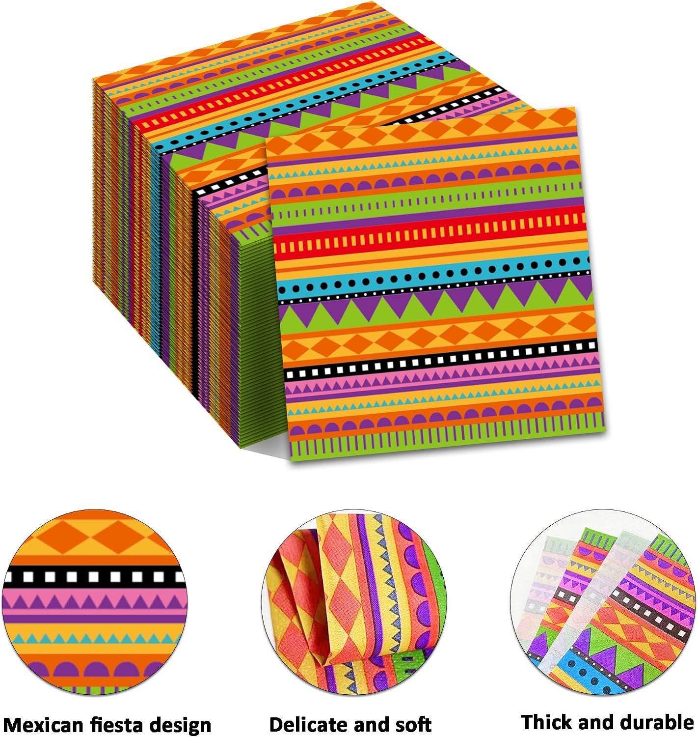 Mexican Fiesta Paper Napkins, 200 Count, Vibrant Geometric Patterns (6.5x6.5 Inch)