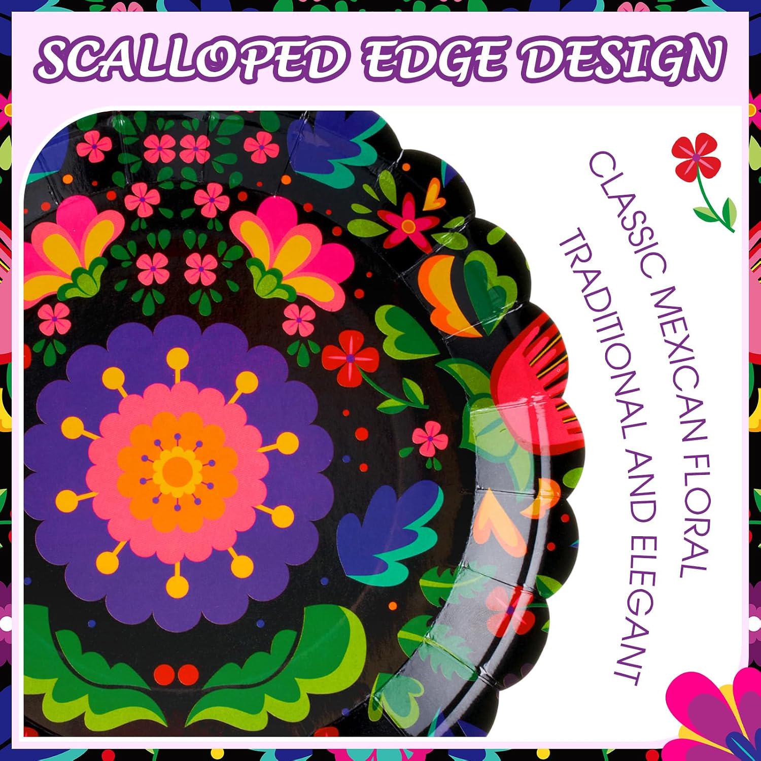 Multicolor Paper Plates 100PCS, 7 Inch Scalloped Dessert Plates, Fiesta Carnival Party Cake Serving Decorations