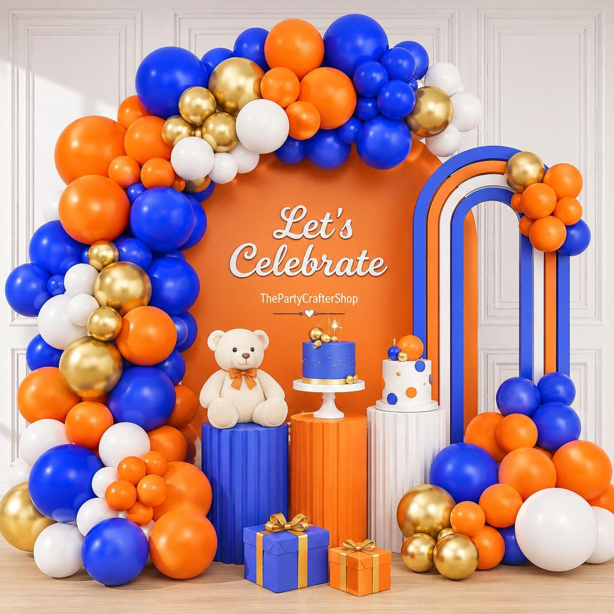 Blue Orange Balloon Arch Kit, Royal Blue White Gold Balloons, Star Foil Garland