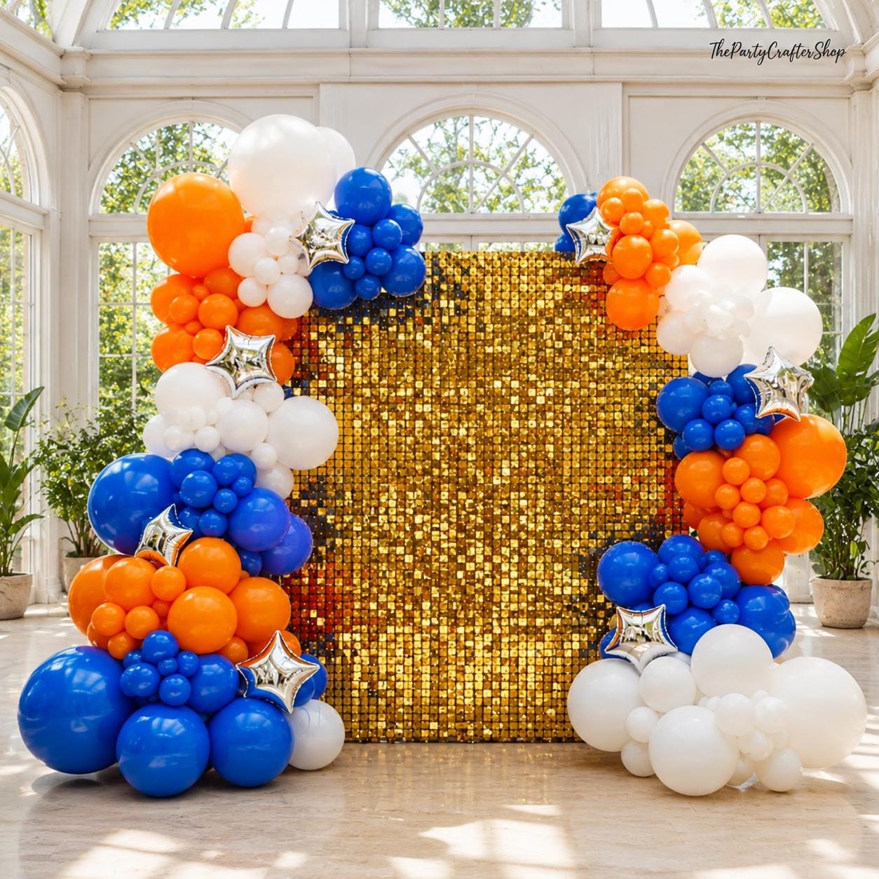 Blue Orange White Balloon Arch Kit, Double Stuffed, Silver Stars, Party Decor