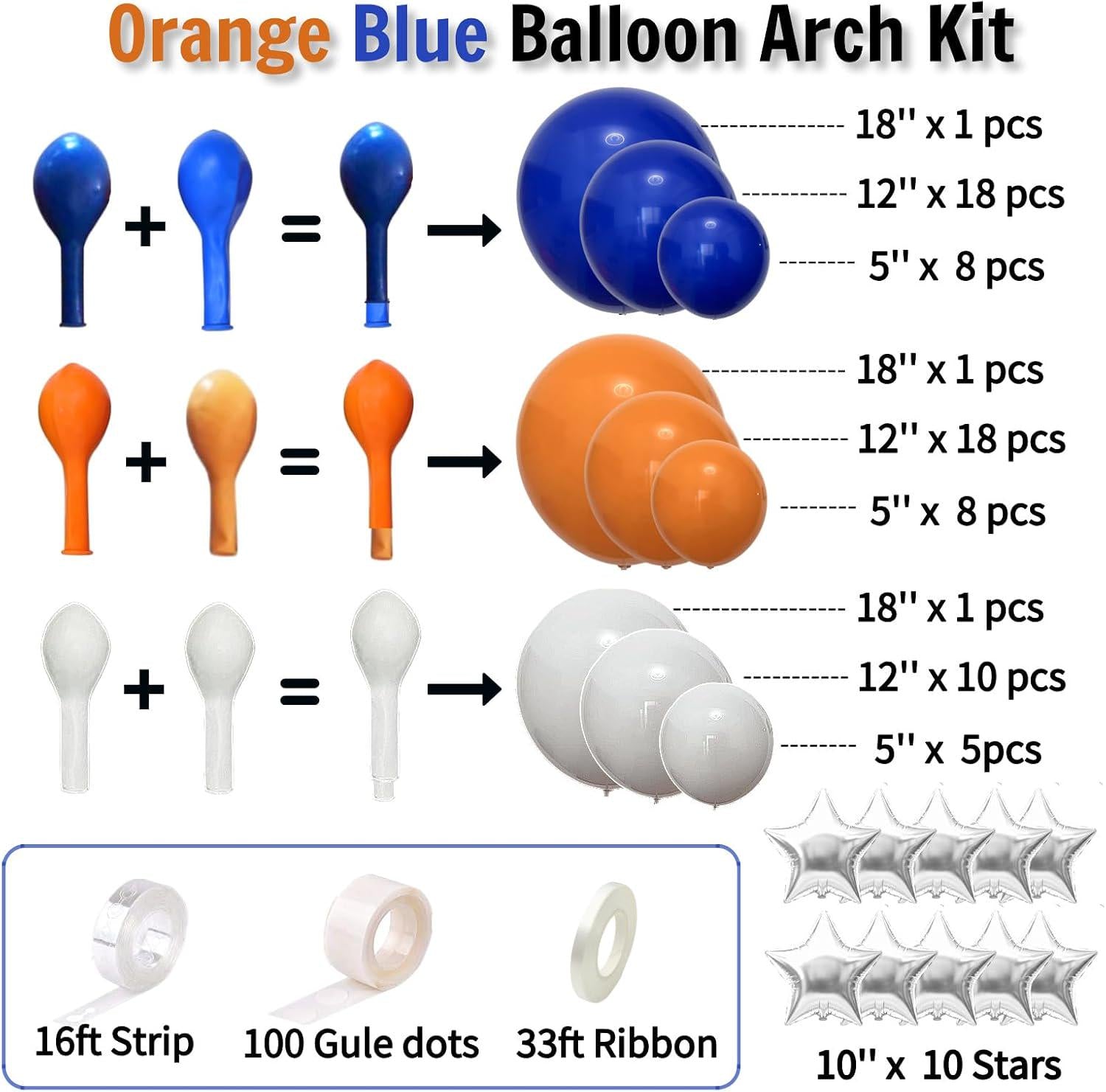 Blue Orange White Balloon Arch Kit, Double Stuffed, Silver Stars, Party Decor