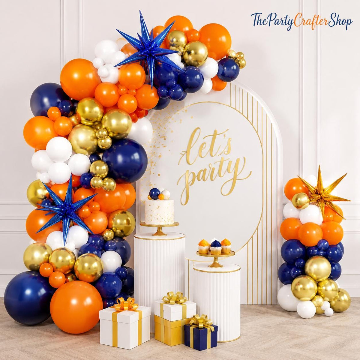 Blue Orange Balloon Arch Kit 132PCS, White Gold Balloon Garland, Graduation Birthday Party Decorations