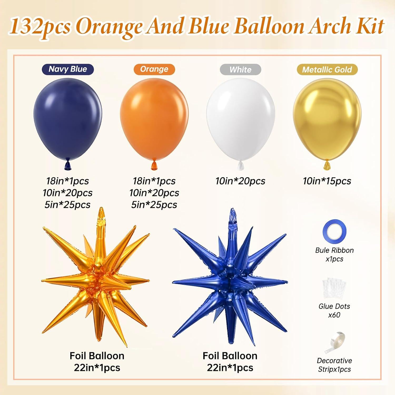 Blue Orange Balloon Arch Kit 132PCS, White Gold Balloon Garland, Graduation Birthday Party Decorations