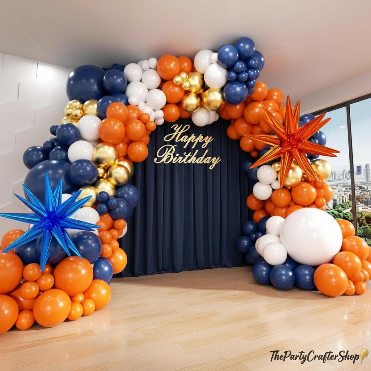 Blue Orange Gold Balloon Arch Kit, Navy White Metallic Party Decor