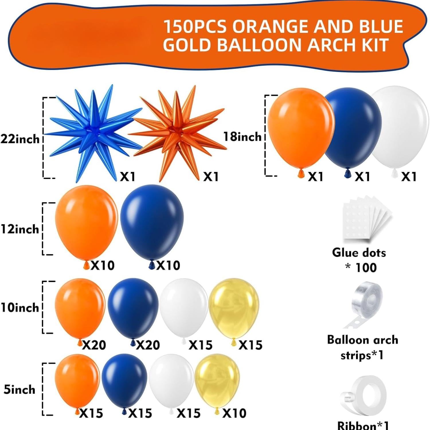 Blue Orange Gold Balloon Arch Kit, Navy White Metallic Party Decor