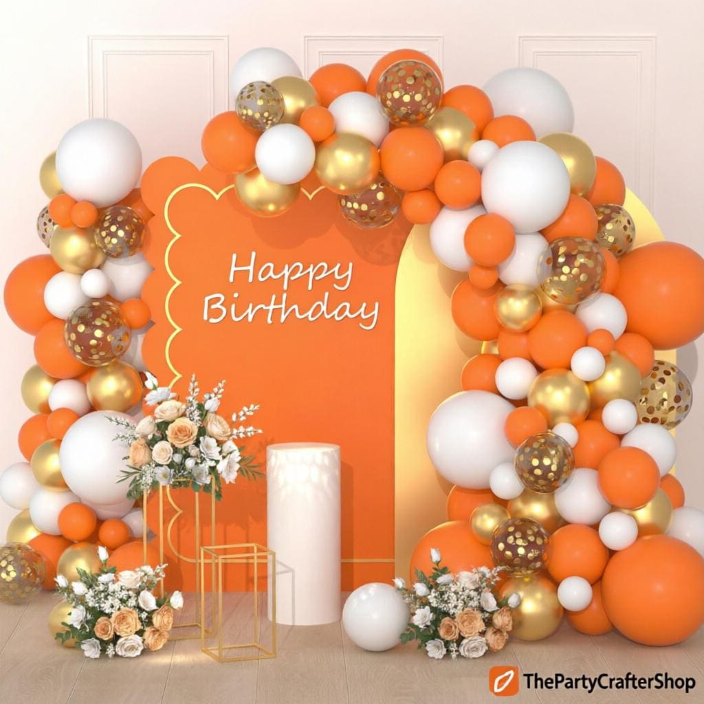 Orange White Gold Balloon Garland Arch Kit, Metallic Confetti Party Decor