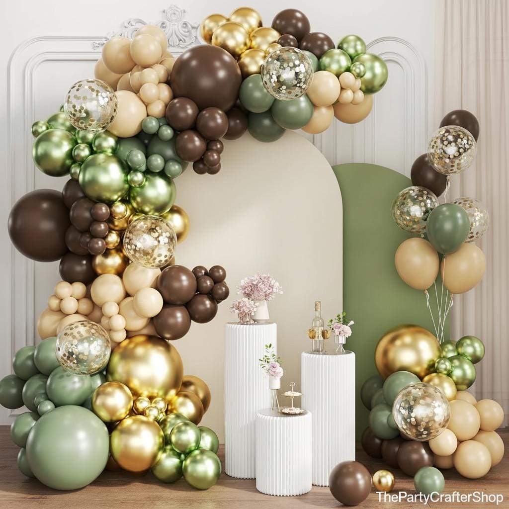 Sage Green Brown Gold Balloon Garland Arch Kit, Woodland Safari Baby Shower Decor