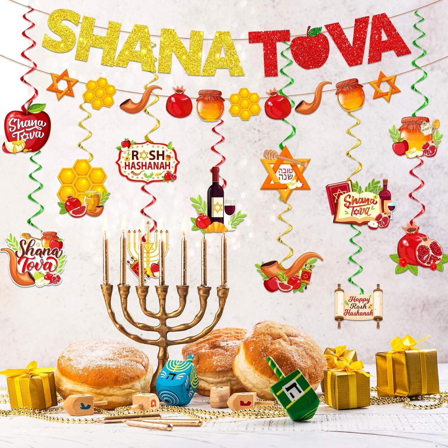 Shana Tova Banner and Swirls, Rosh Hashanah Jewish Holiday Party Decorations