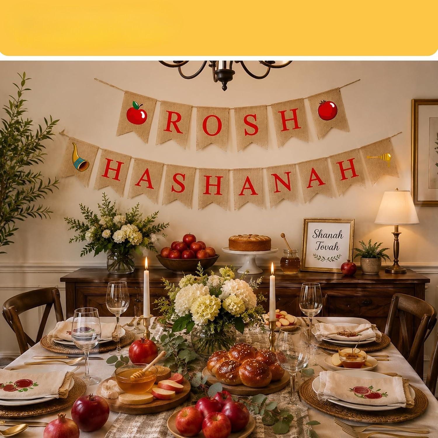 Rosh Hashanah Burlap Banner, Rustic Jewish New Year Party Decor