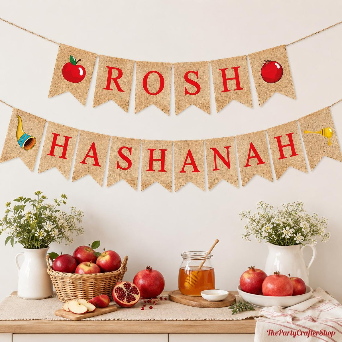 Rosh Hashanah Burlap Banner, Rustic Jewish New Year Party Decor