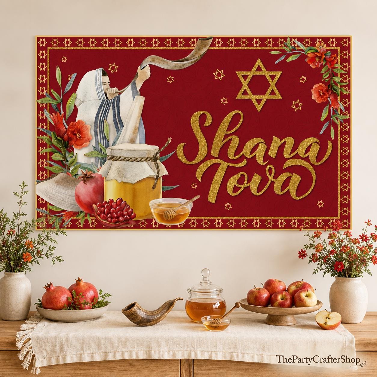 Shana Tova Backdrop, Rosh Hashanah Jewish New Year Decorations, Polyester Party Banner
