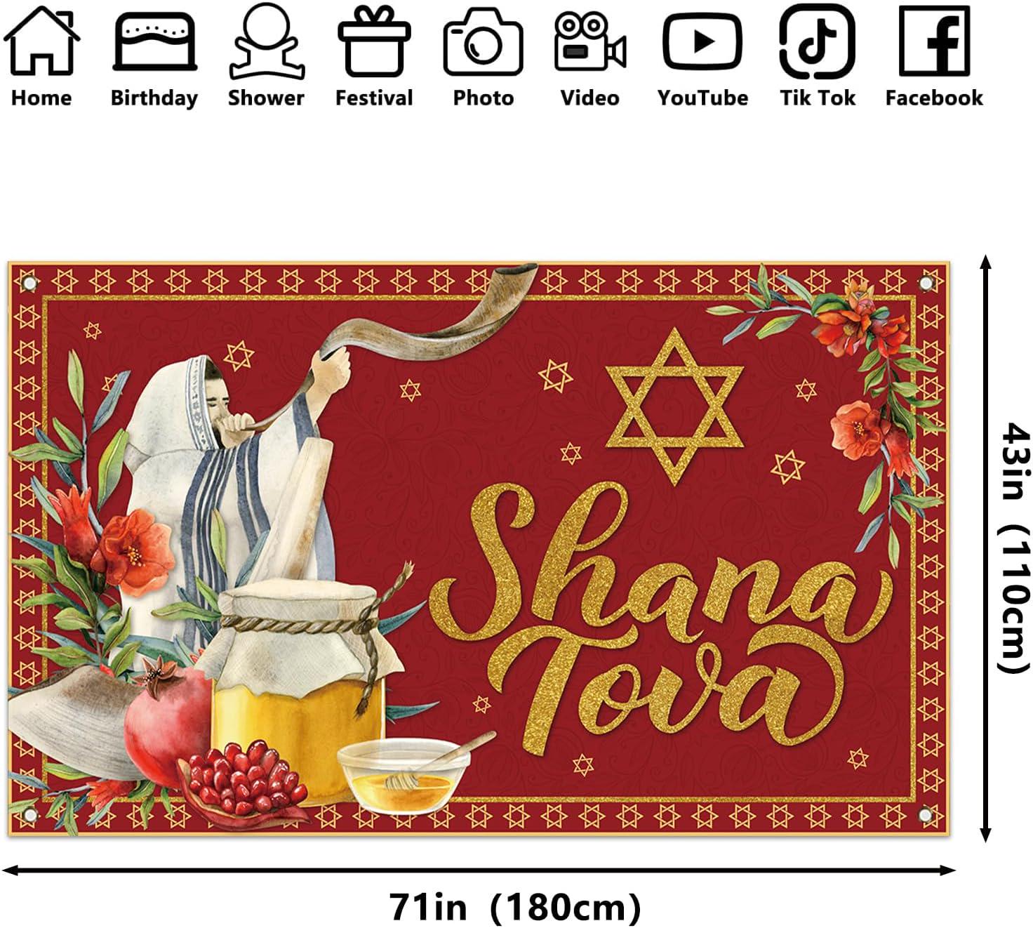 Shana Tova Backdrop, Rosh Hashanah Jewish New Year Decorations, Polyester Party Banner