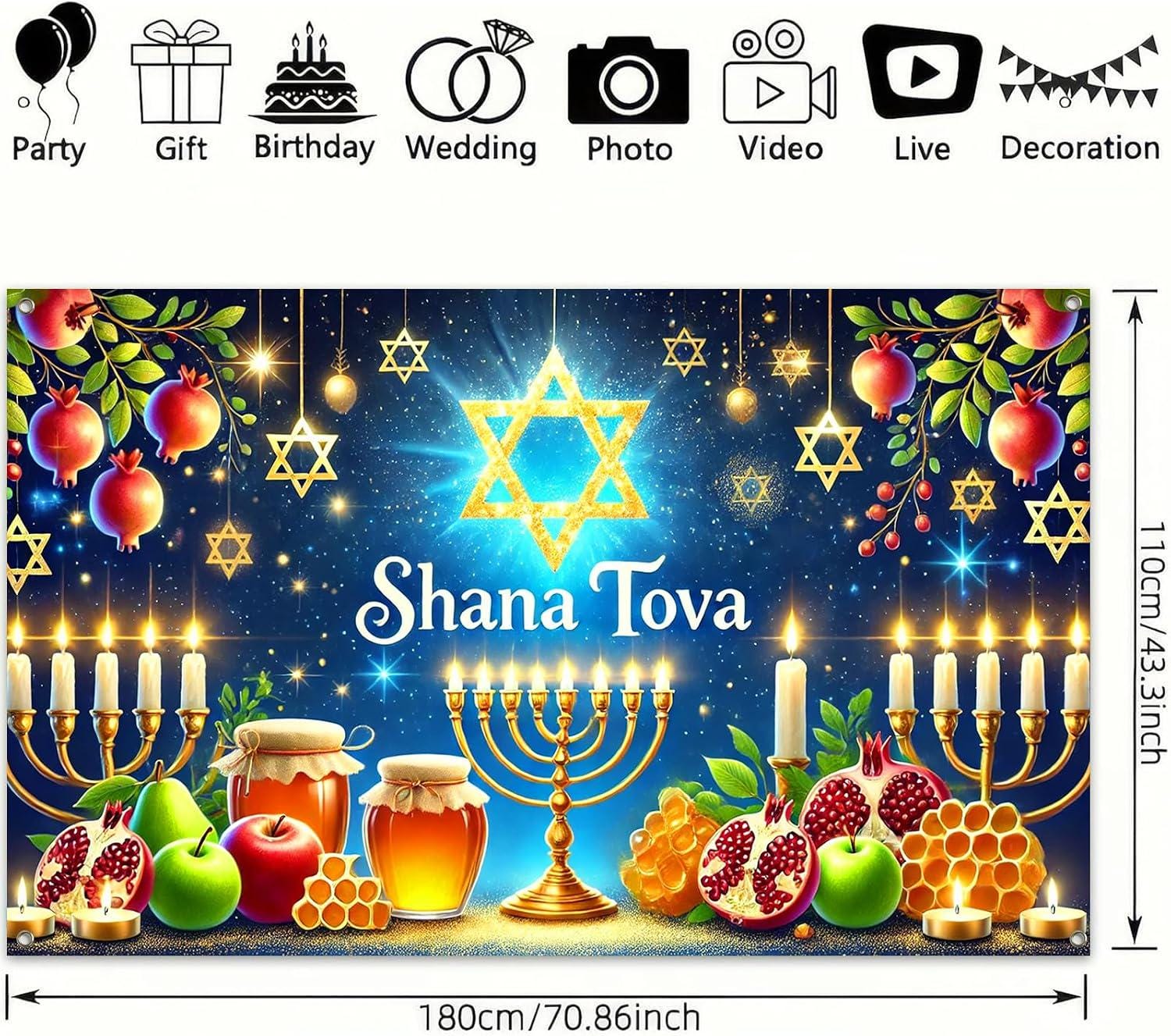 Shana Tova Menorah Backdrop, Rosh Hashanah Star Banner, Jewish Holiday Decorations