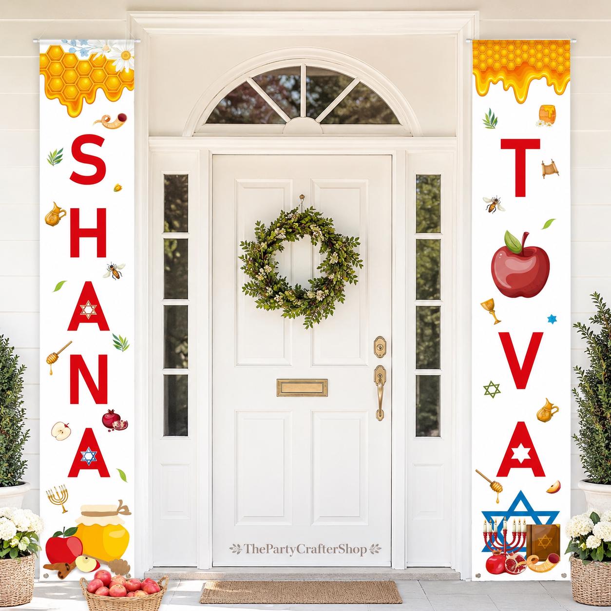 Shana Tova Door Banner Set, Jewish New Year Porch Signs, Rosh Hashanah Party Decorations