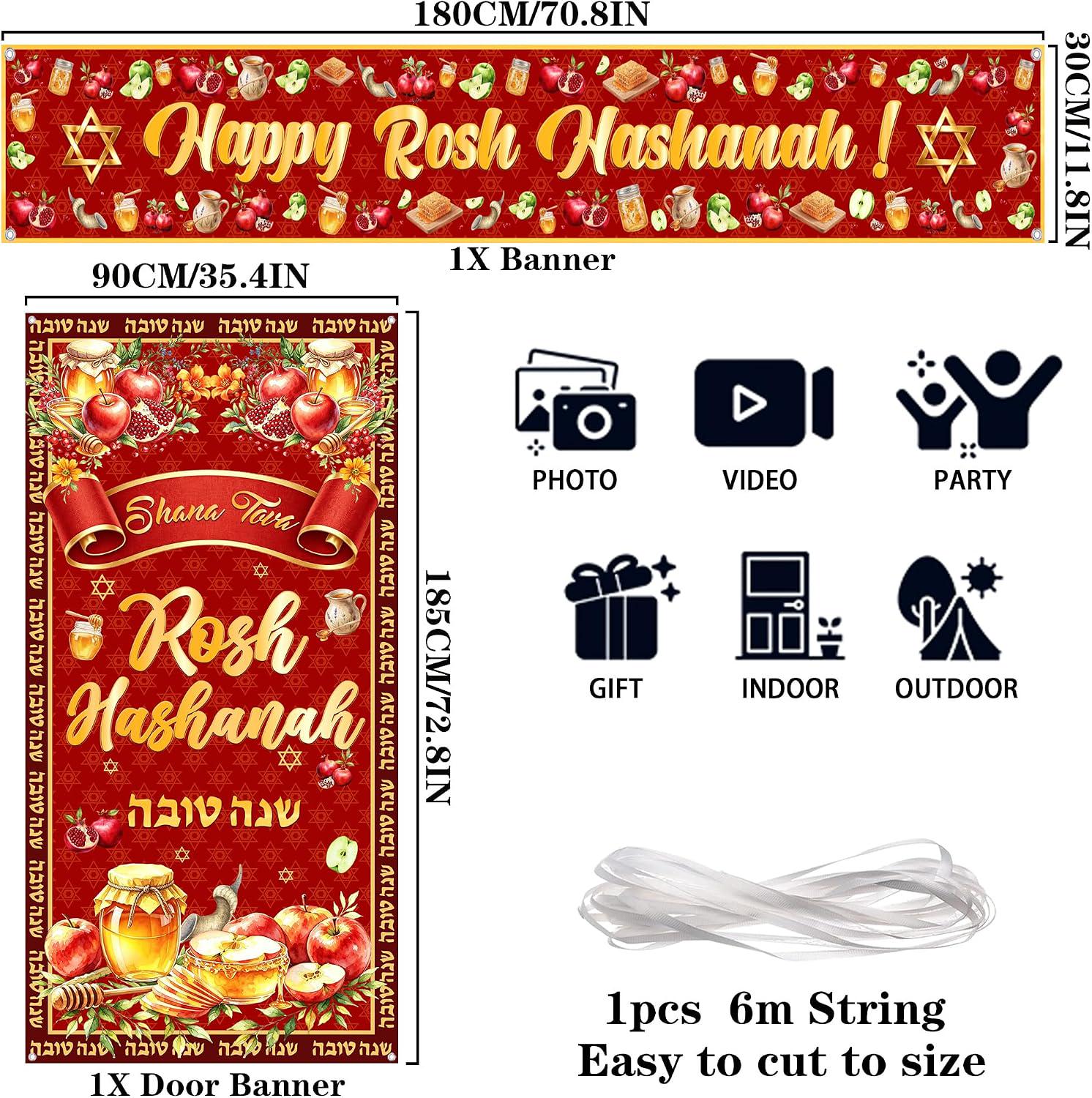 Rosh Hashanah Banner Decorations, Shana Tova Red Gold Jewish New Year Signs