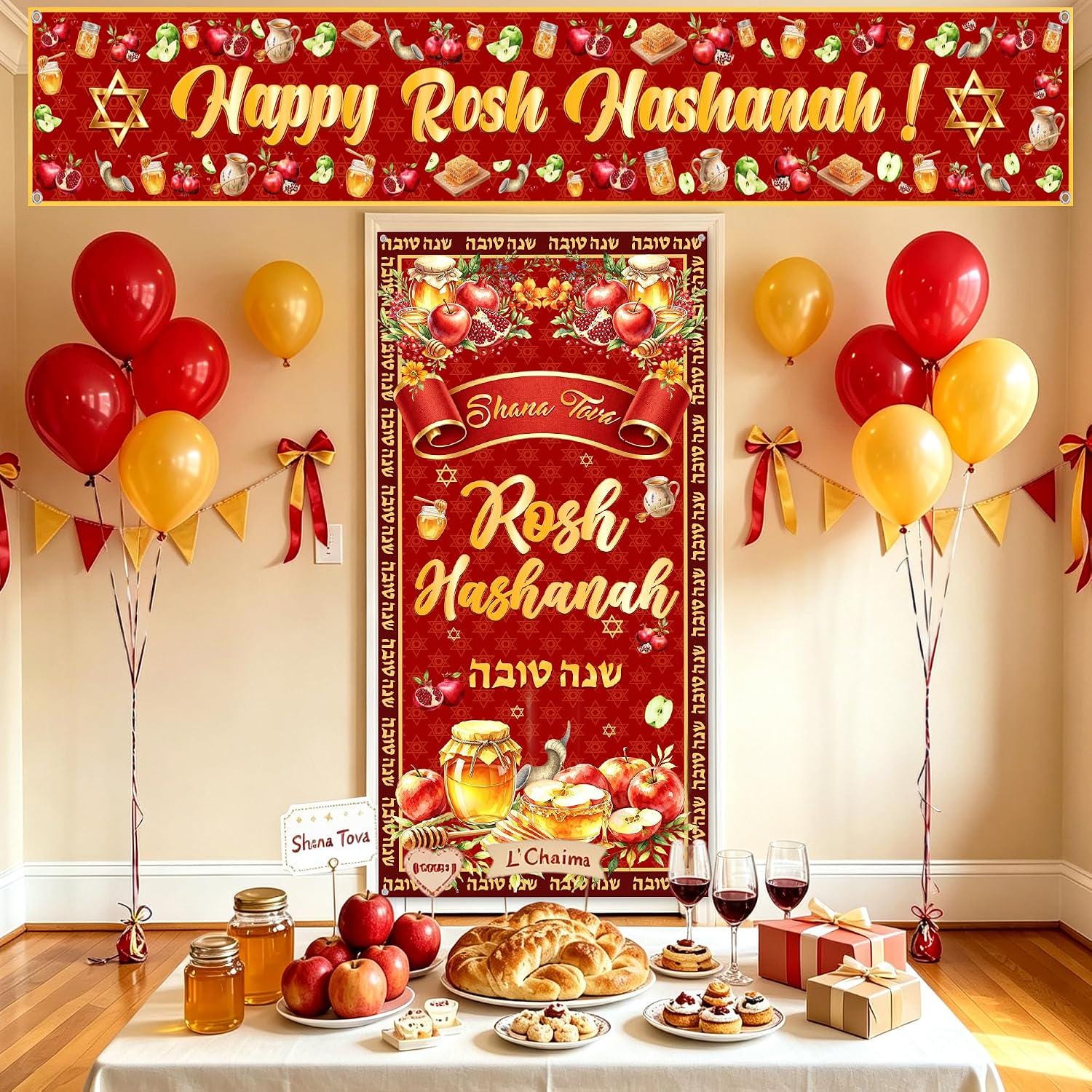 Rosh Hashanah Banner Decorations, Shana Tova Red Gold Jewish New Year Signs
