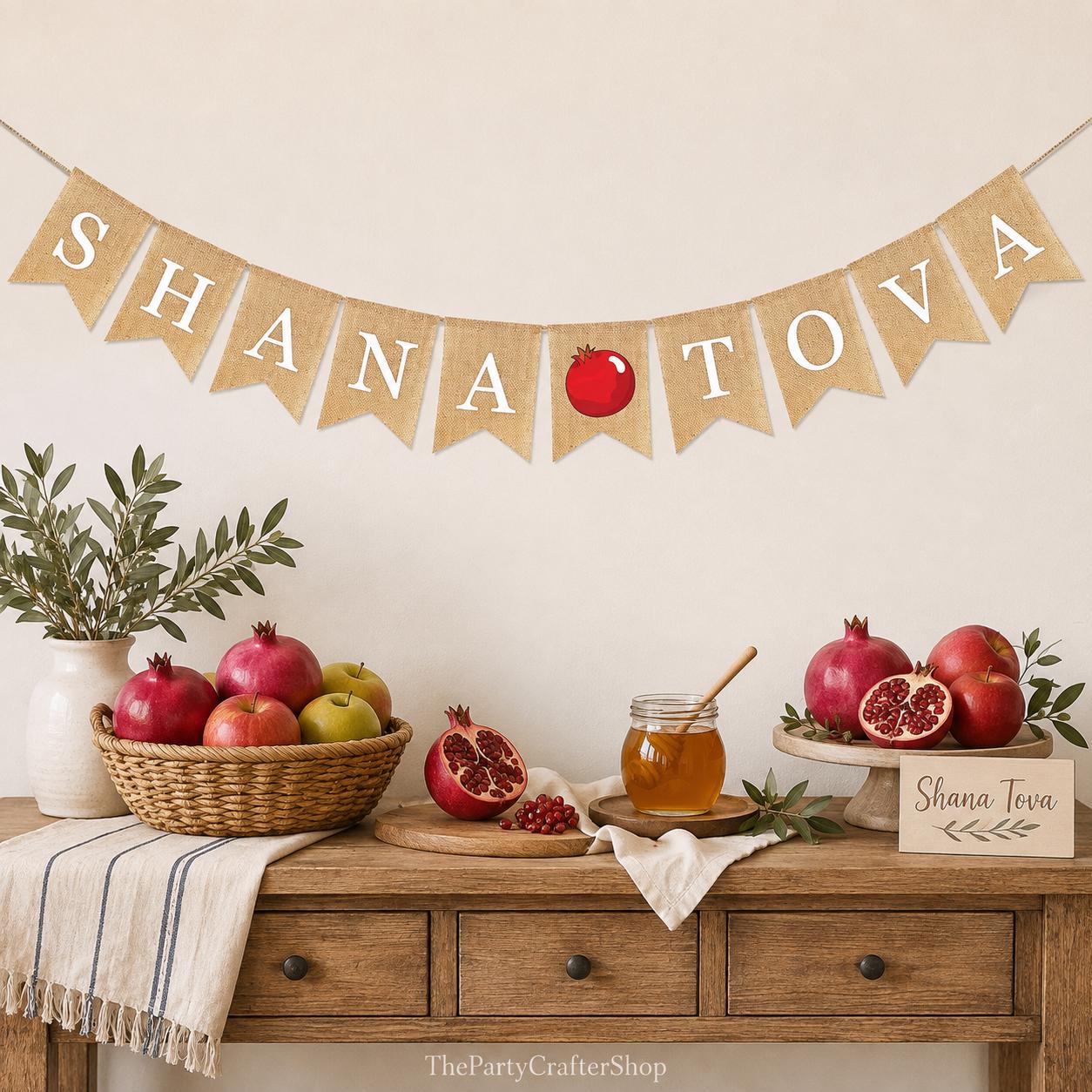 Burlap Shana Tova Banner, Rustic Rosh Hashanah Jewish New Year Garland Decor