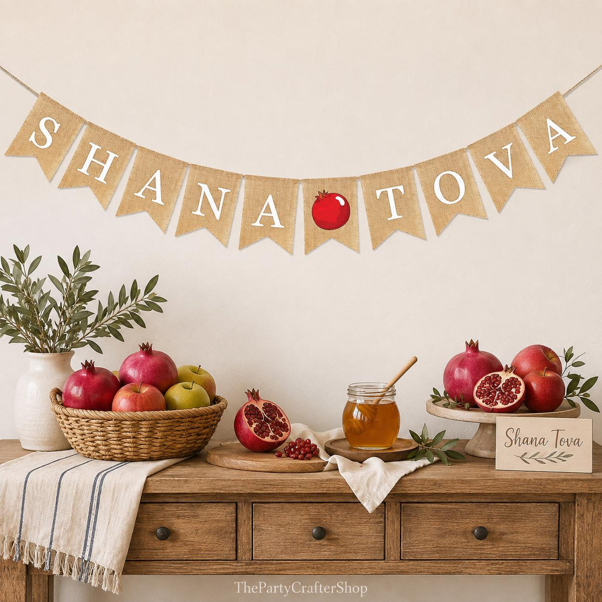 Burlap Shana Tova Banner, Rustic Rosh Hashanah Jewish New Year Garland Decor