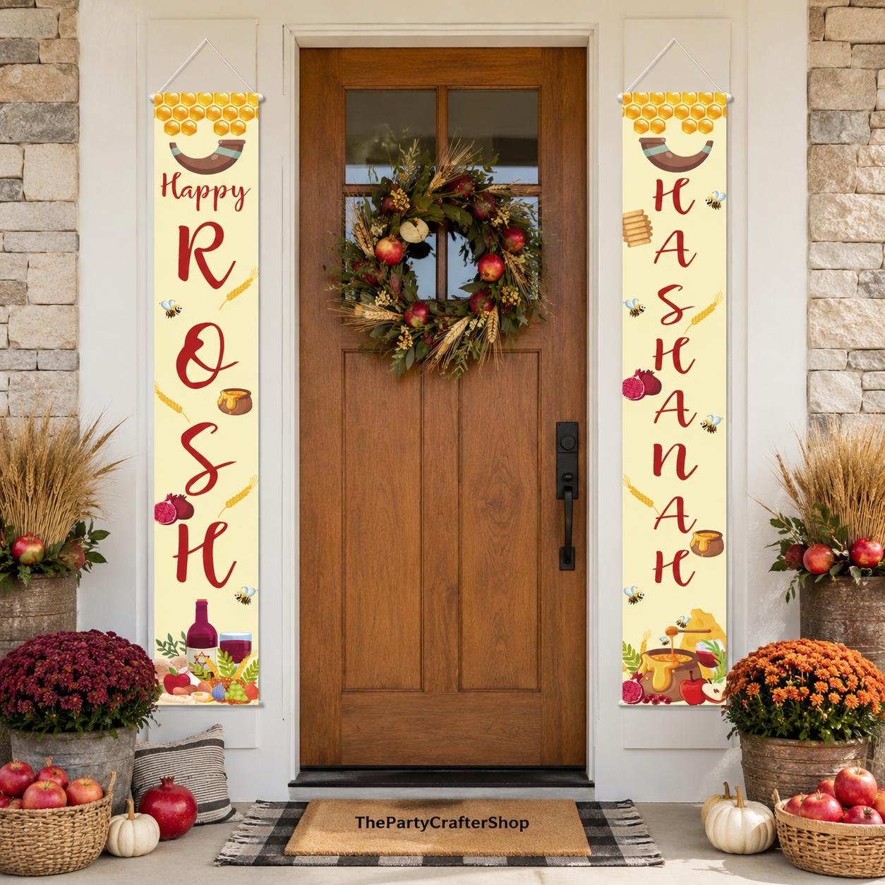 2pc Happy Rosh Hashanah Porch Banners, Jewish New Year Door Signs