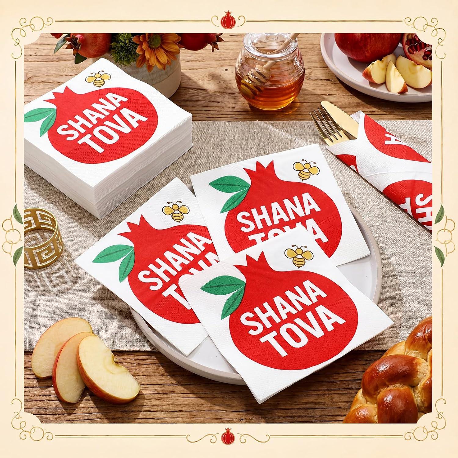 Shana Tova Pomegranate Cocktail Napkins, Rosh Hashanah Jewish New Year Table Decor
