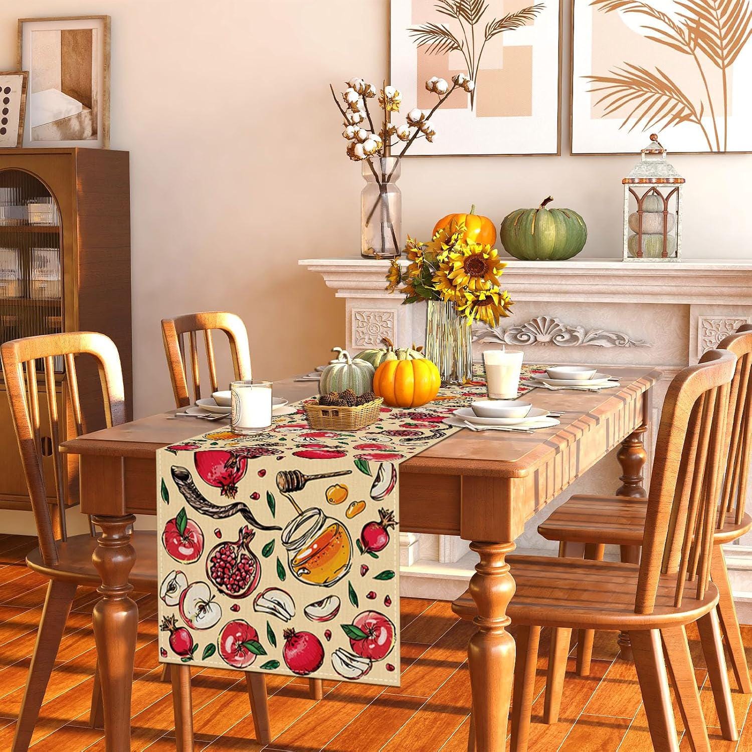 Rosh Hashanah Table Runner, Shana Tova Jewish New Year Decor, Apples Pomegranates Honey