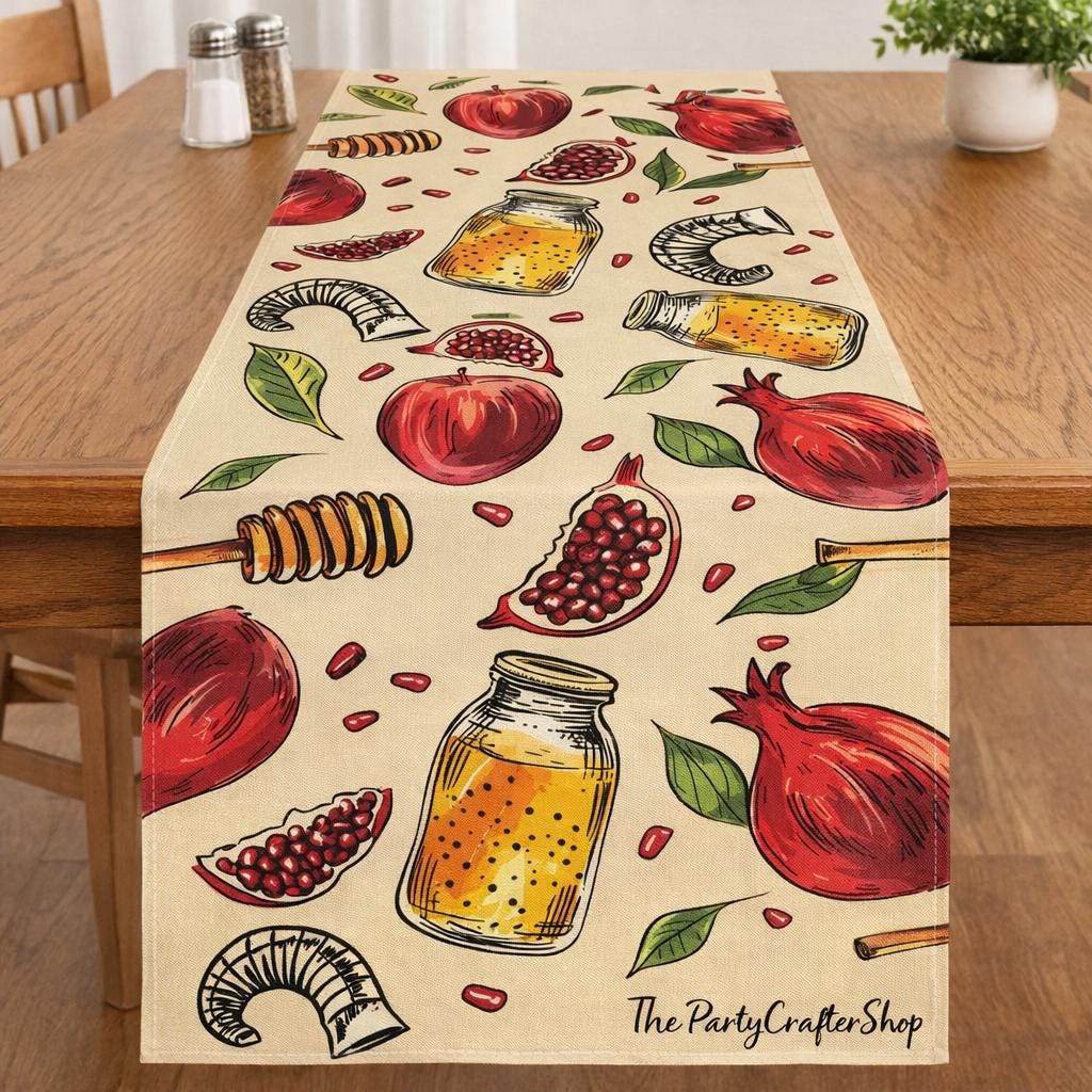 Pomegranate Rosh Hashanah Table Runner, Jewish New Year Dining Decor