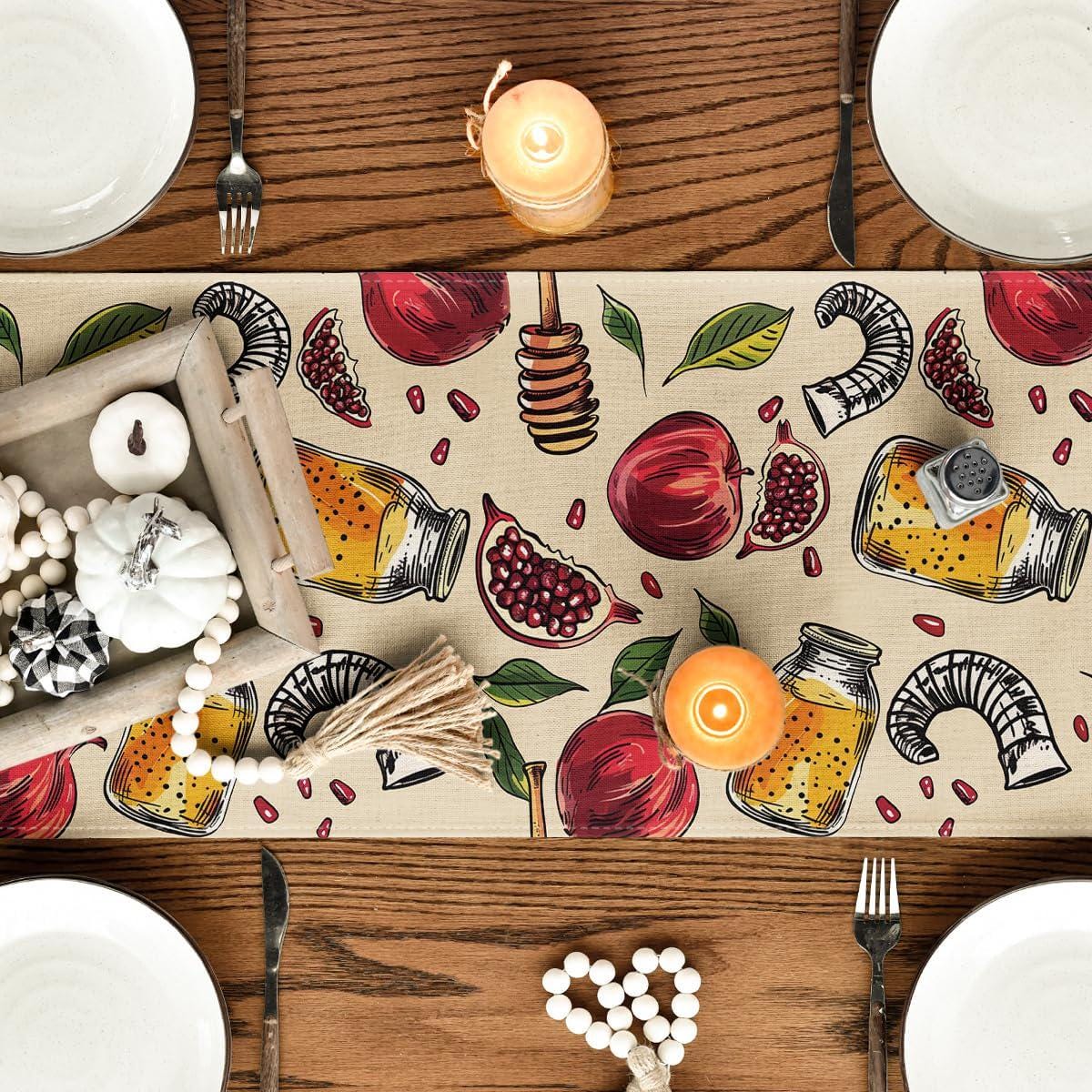 Pomegranate Rosh Hashanah Table Runner, Jewish New Year Dining Decor